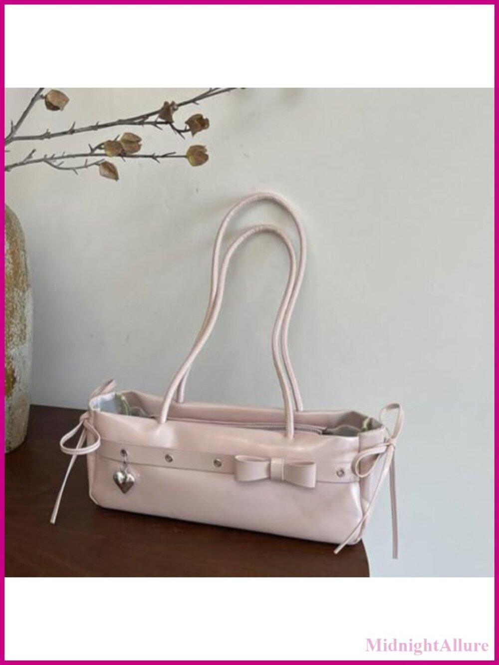 Y2K Bow Baguette Underarm Tote Bag with Heart Charm Faux Leather Shoulder Purse